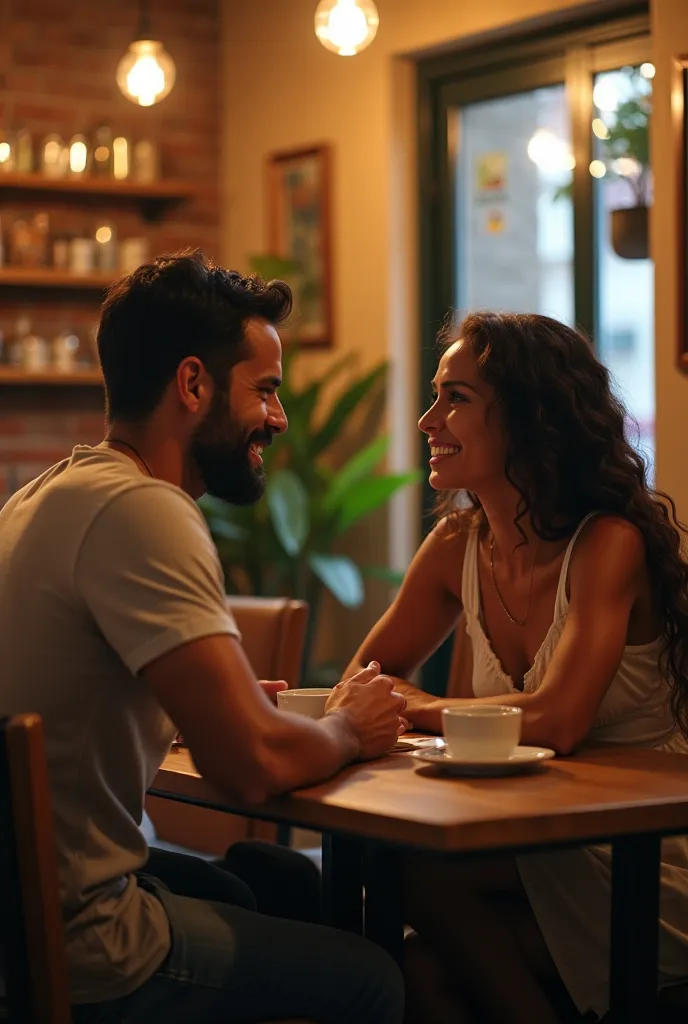 A 25-year-old slim argentinian jovial man with short black hair and a padlock beard sits across from a 20-year-old jovial and beautiful brown-skin brazilian woman in a cozy, quiet café. She is wearing a light dress. The atmosphere is light-hearted but ting...