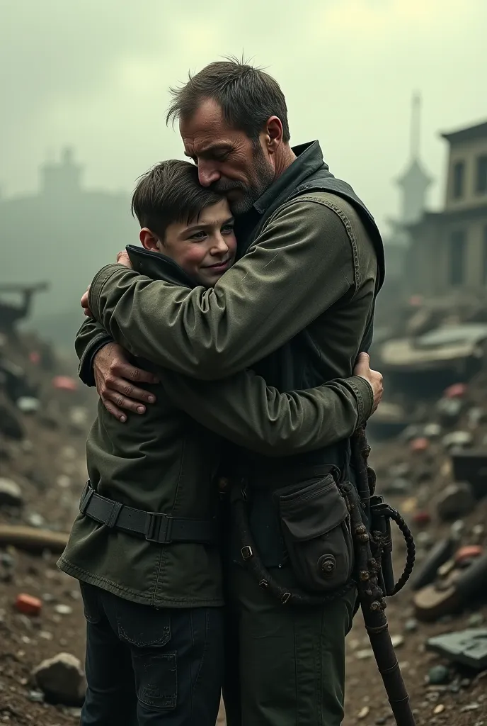 Father and son hugging each other in a post-apocalyptic setting dead kill