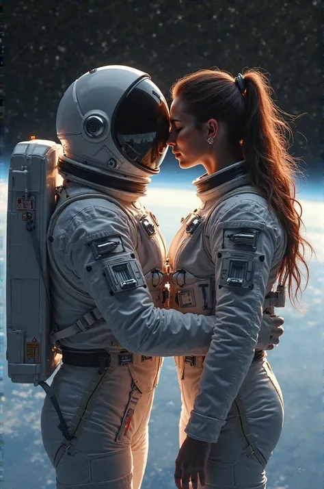 A man in an astronaut costume kissing a woman in an astronaut suit 