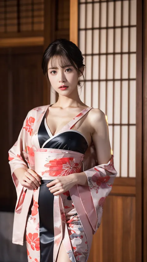 A muscular person wearing a Japanese kimono with a flat chest,high quality,Precise Details ,Extreme realism,High Resolution,stares at,professional ,Dynamic Lighting,Delicate Texture,Natural texture,vibrant colors,Bokeh,4K,photo shoot