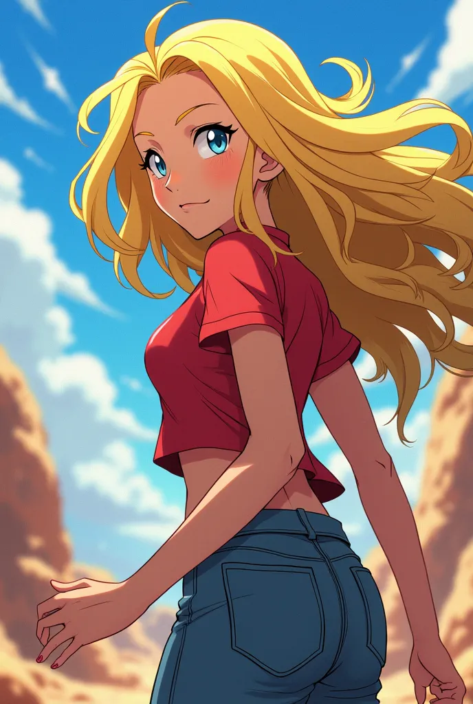 Make a character like Regina from Pokemon Journeys but with blond hair like Lillie from Pokemon Sun and Moon that is like the animation from Boku No Hero Academy 