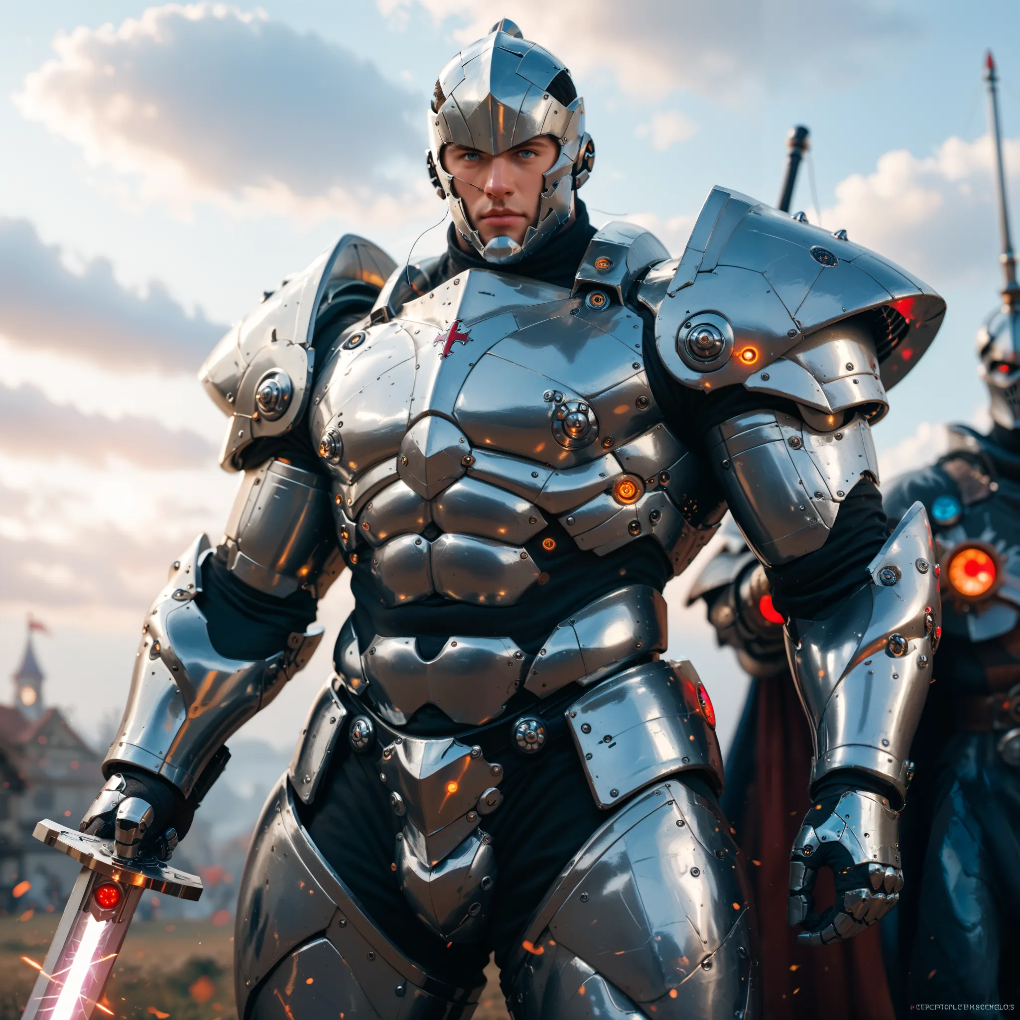 Cybernetic Knight, Male, Heavily Muscled Cybernetic Metal Flesh, Wearing shiny reflective Steel Heavy Armor, Grasping a Laser Great Sword, Standing in a Medieval Battlefield