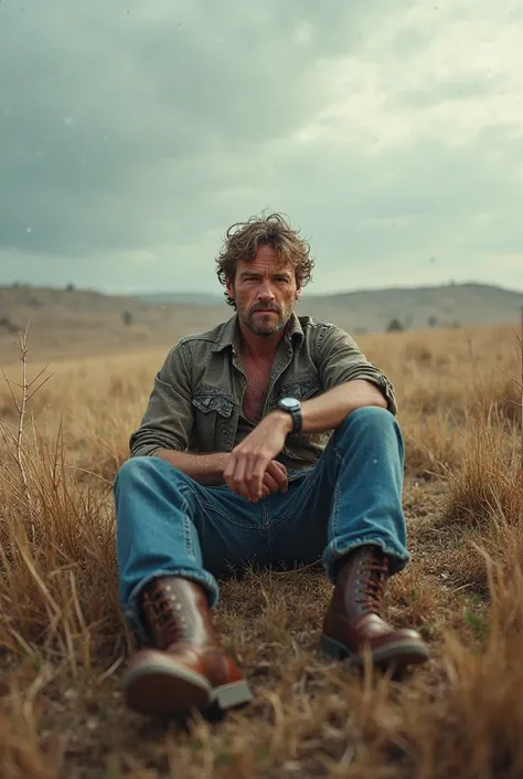 Photograph in the field, throw: I'm wearing jeans and boots sitting on a country field in the Northeast, where the weather looks like a Wild West landscape 