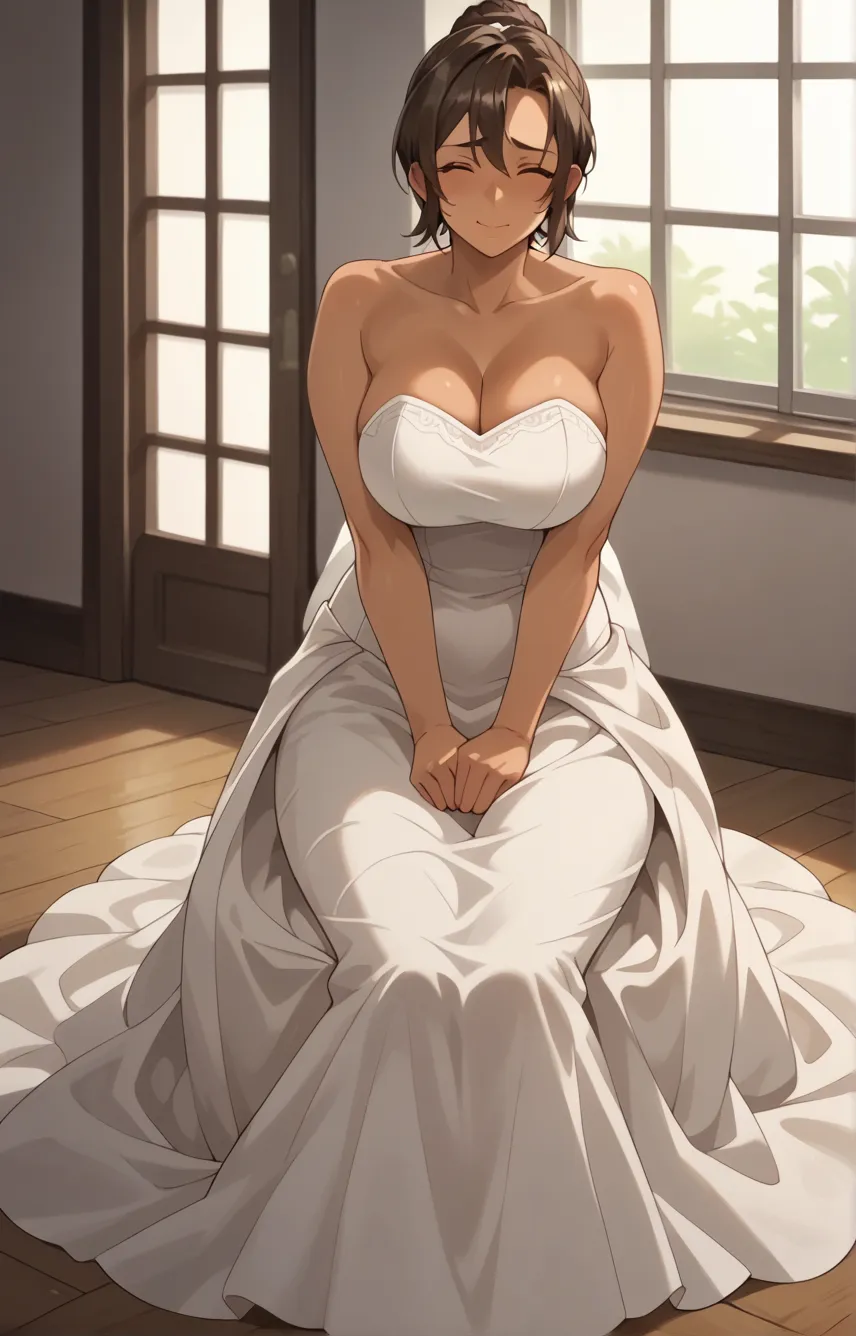 Kanae ,mature woman,1 girl,Alone ,brown hair,brown eyes,short hair,ponytail,big breasts,dark skin, only,embarrassed,closed eyes, light smile, full body,  sexy wedding dress,  sitting , bedroom 