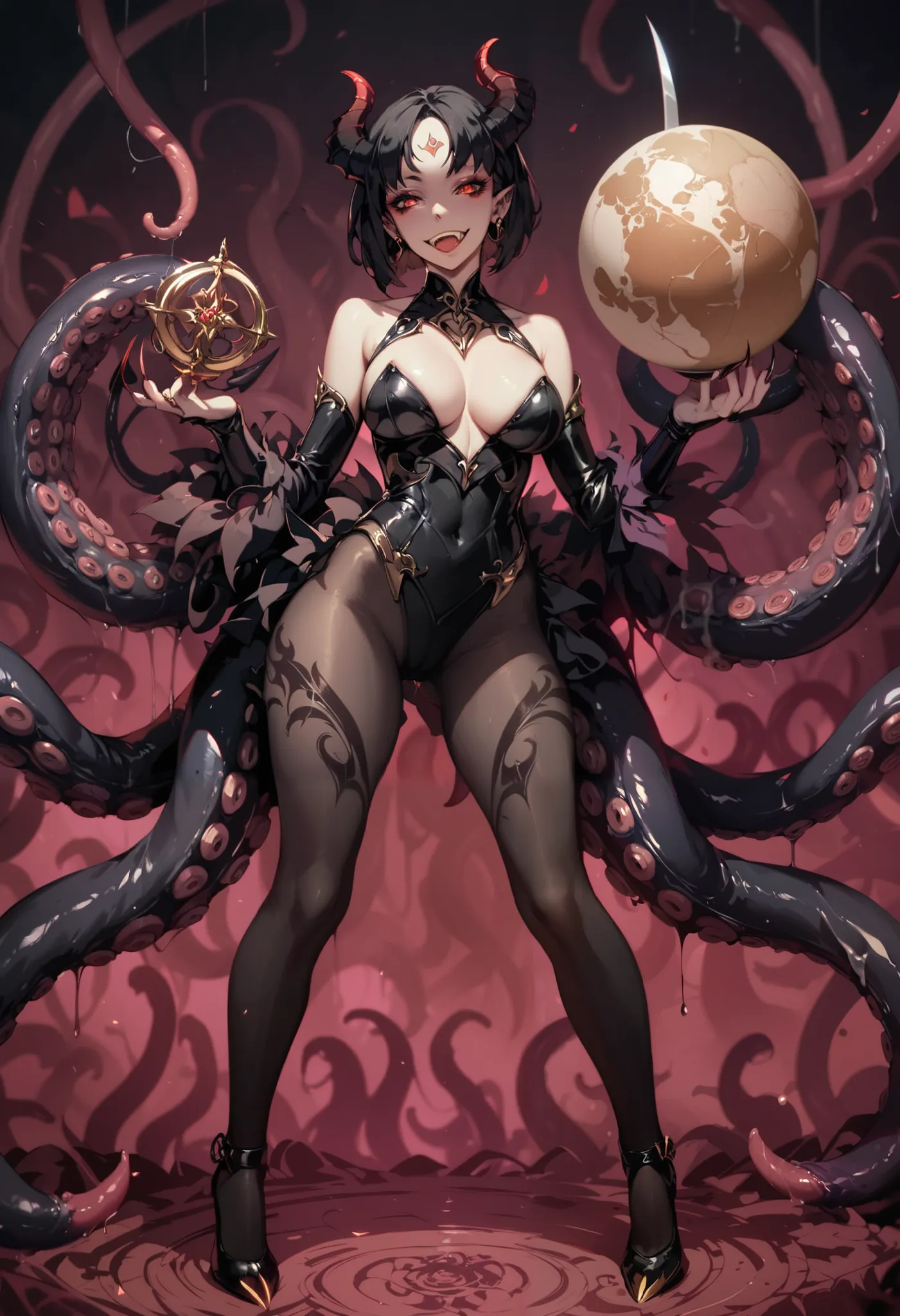 Tentacle girl. Succubus-style. Tentacles grow from the waist. Black carapace. Black hair. Eyes on the forehead. Shoulder. Short hair. High legs. Body tights. Sharp claws. Black long globe. breasts perky. Claws at the tips of the tentacles. Like a sickle. Y...