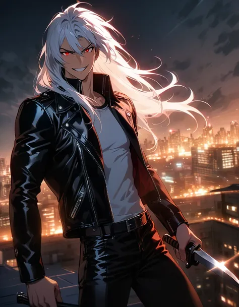 Masterpiece, solo, male, 1 man, 25 years old, strong, muscular, 5 fingers, 5 fignered, strong, red eyes, complex_eyes, long hair, white hair, leather jacket, black pants, angry, smiling, holding a knife, on the roof of a building, buildings, field, citysca...