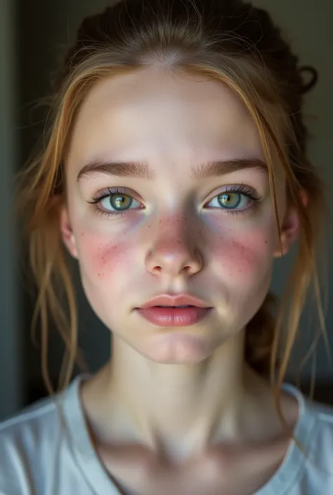 A White Girl, 19 years old,  ROUND FACE EYEBROWS, 4 small freckles on the face, green eyes,  pronounced cheekbones, porcelain skin, thick lips,  big eyelashes, thick and pronounced eyebrows. uncovered face. Hyperrealism with Sonyalfa77 DSLR camera Fine Fea...