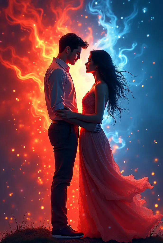 Couple looking at each other red blue flames