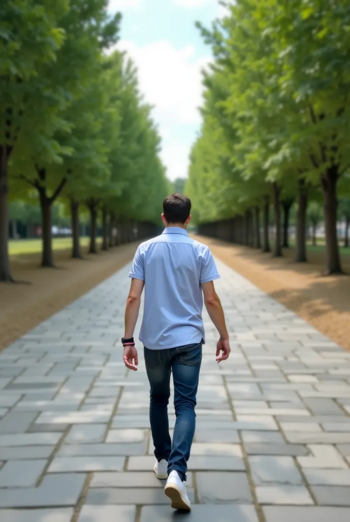 POV (first person) perspective of a young man walking through the park as his breathing begins to become heavy. His lightly tanned, masculine hands are now raised a little higher, as if he is trying to understand what is happening. He is wearing a light bl...