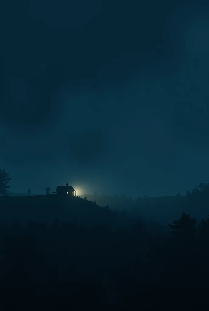 Prompt: "A cold, foggy night, dark clouds in the sky, light fog spreading everywhere, a small simple house in the background with a dim light peeking out from the window."