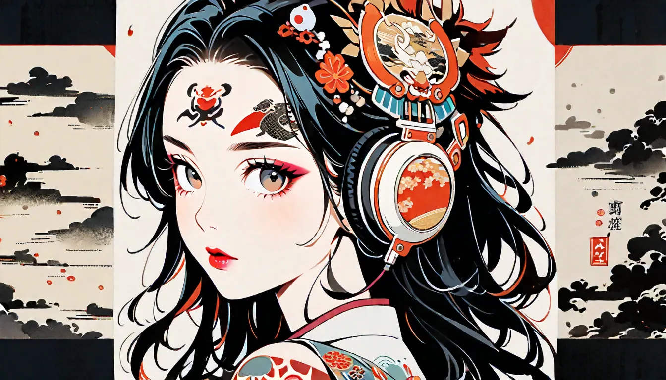 ((( ink painting))), Fashion portrait color photos, (((1 girl))), (((tattoo on the center of the forehead))), (((very flashy hair ornament))), ((( very flashy makeup ))), Japanese style headphones, devil, face close-up, front view, Japan人の美少女,  black hair,...