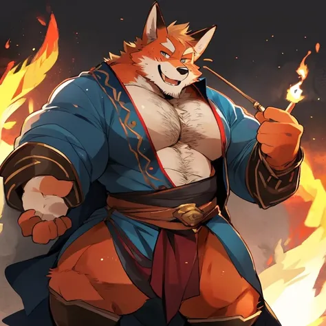 fox, furry, fire color fur, fire powers, handsome, very muscular, very big, extremely hot and sexy, beard, hair, chest hair, charming eyes, solo, male, happy expression, daddy, full body, big body, orange medieval clothes, middle aged, by hyaku, by darkgem...