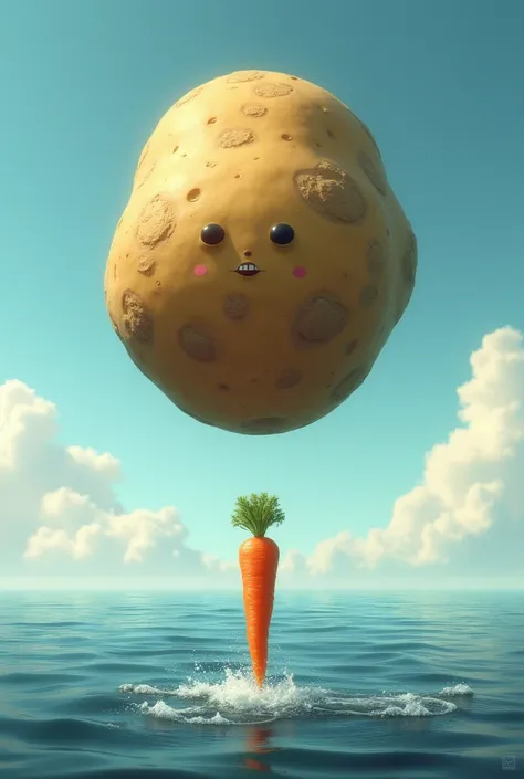 A flying potato threatened to crash into a carrot and they're on top of the sea 