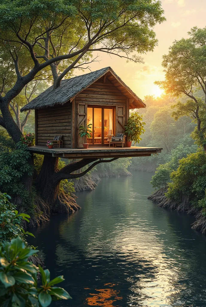 Create a birch wooden small tree house situated on a tree in a mangrove forest above a creek, make it simple and small, during the sunset 