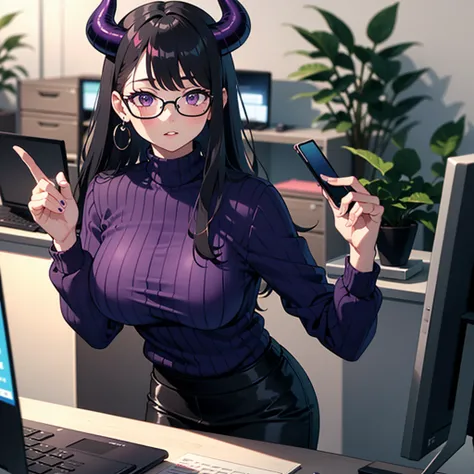 ((masterpiece, the best quality, 4k)), 1 girl, Alone, long hair, black hair, purple eyes, glasses, glasses, dark purple sweater,  high neck ,  red bangs, straight hair, boring, big breasts, thick lips, indoors,  cubicle , office,  Plants, computer desk, sh...