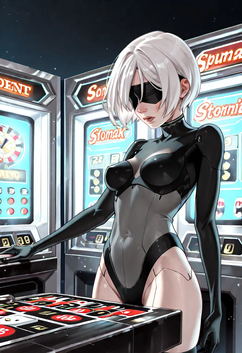 2b,  new slot machine, yorha, android, white hair, short hair, black blindfold,