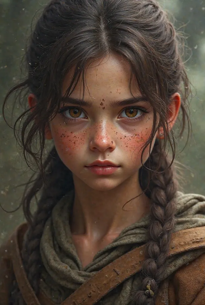 Brown haired girl, dark brown eyes, Eyes a little shrunken, warrior clothing,Round nose and small freckles on the nose