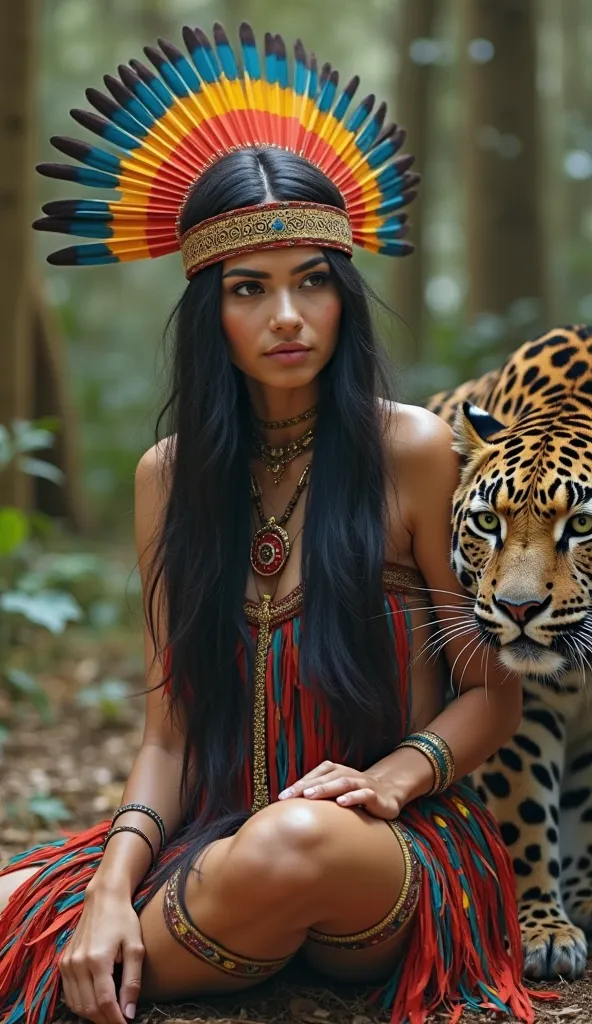 Hyper realistic image of a woman with Native American features, long straight and black hair, she has a headdress made of red, yellow and blue feathers with a skirt made of the same red, yellow and blue feathers, she is sitting in the woods and then on her...