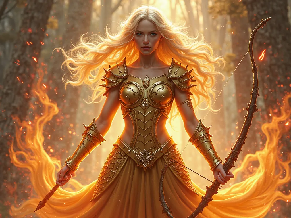 Red flame aura all around, Gold dragon armor , The left hand has a bow, arrow on the right hand, blonde female elf in her 20s