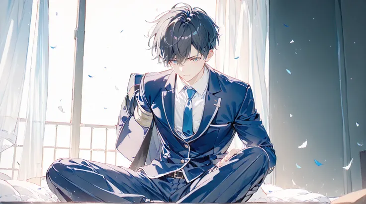 masterpiece,  (low brightness), ( high saturation, high contrast:1.3),  1 boy,  high school boy,black short hair,(navy school blazer:1.2), blue tie, white shirt, pants  break chibi,