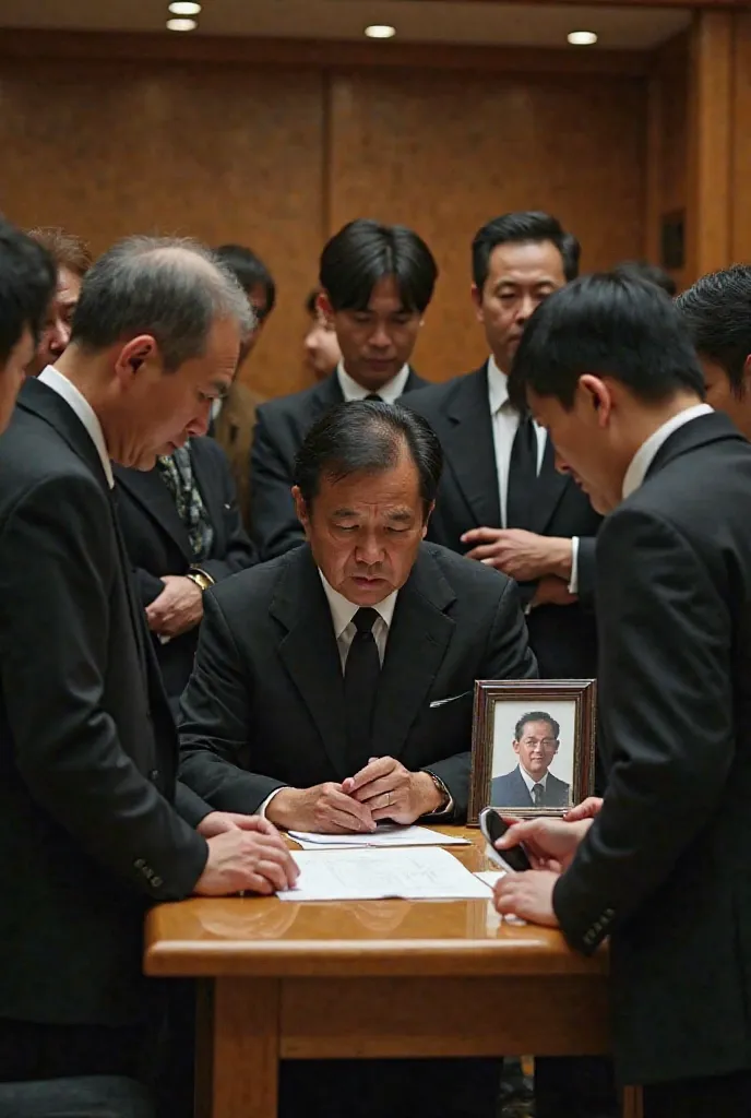 A group of people dressed in black funeral attire gathered around a table in a traditional funeral hall. They appear confused and distressed, discussing legal documents and financial matters. One person is holding a piece of paper with a serious expression...