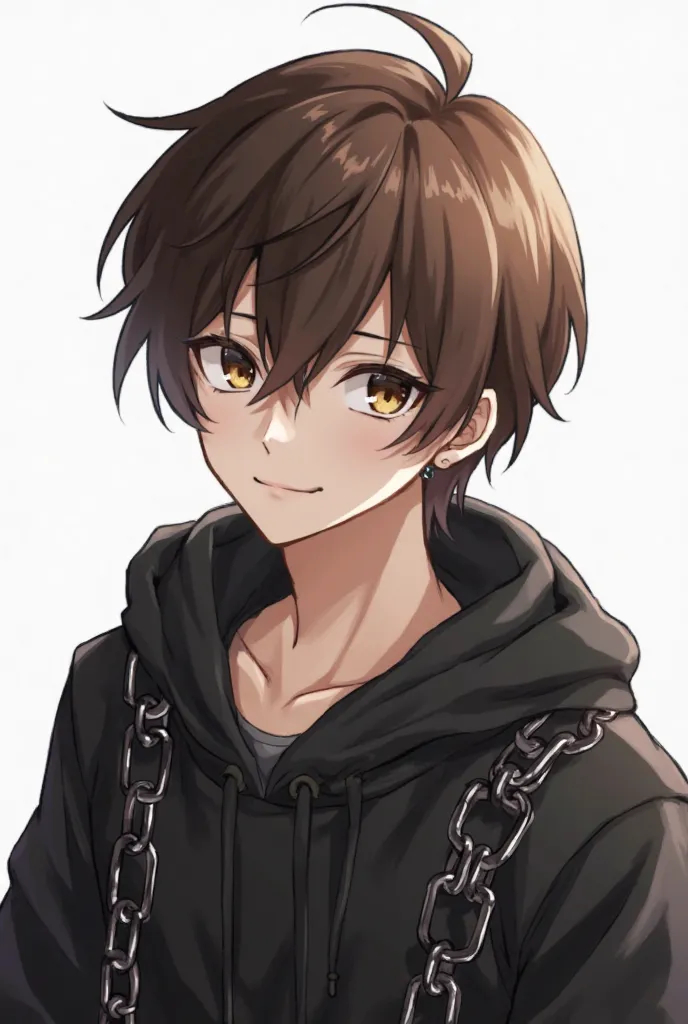 (high-quality, breathtaking),(expressive eyes, perfect face), 1guy, guy, ager, solo, short, young guy, medium brown hair, brown eyes, not smile, black hoodie, white background , he wears a black chained armor