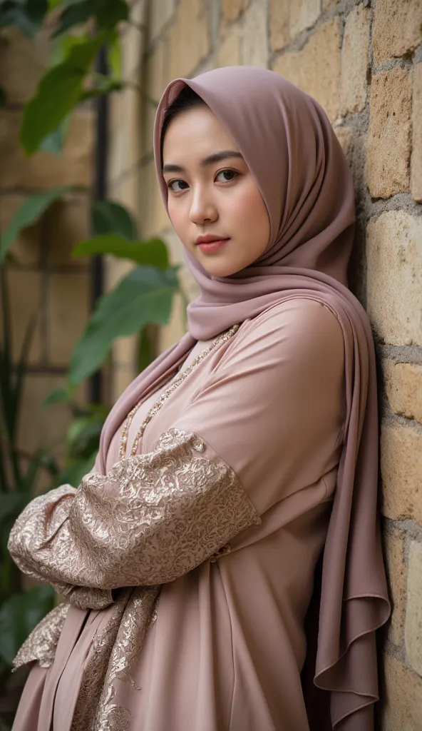 Beautiful Lebanese hijab woman and luxurious kimono abaya with hijab and natural breasts from side view looking at camera against stone wall and plants background with arms folded