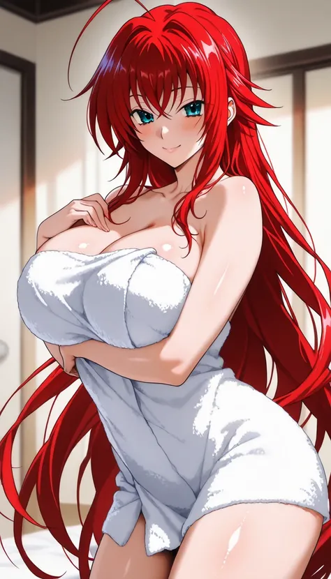 Rias Gremory, (dxd Hentai,), Naked in a gray towel covered with a neckline showing her big breasts while smiling flirty