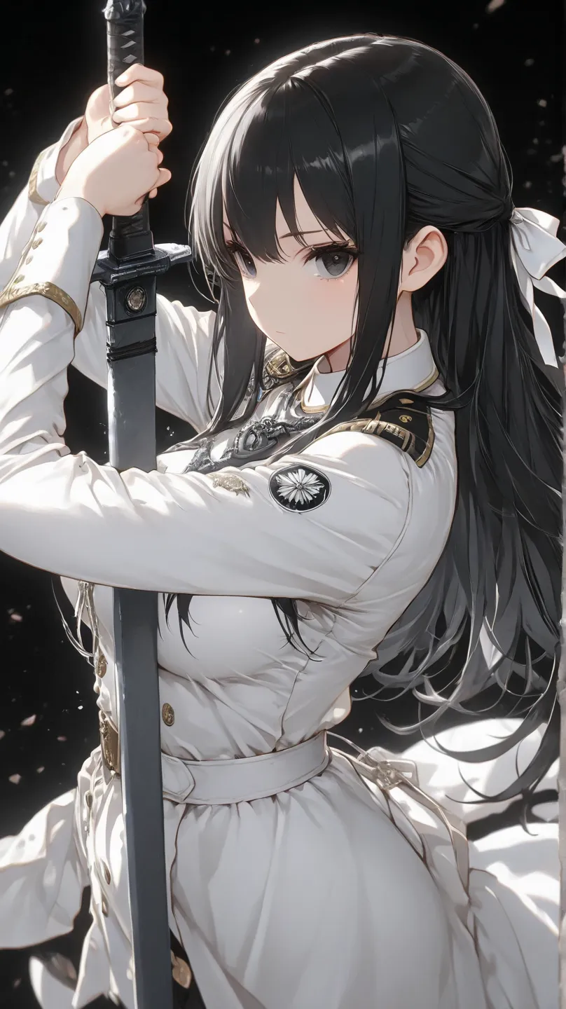  an HD scene of a female 40 year old with long black hair and a white ribbon on her hair and black eyes wearing medieval fantasy white military uniform and holding a large grey sword, black background, high detail, high quality, best quality, 8k, masterpie...