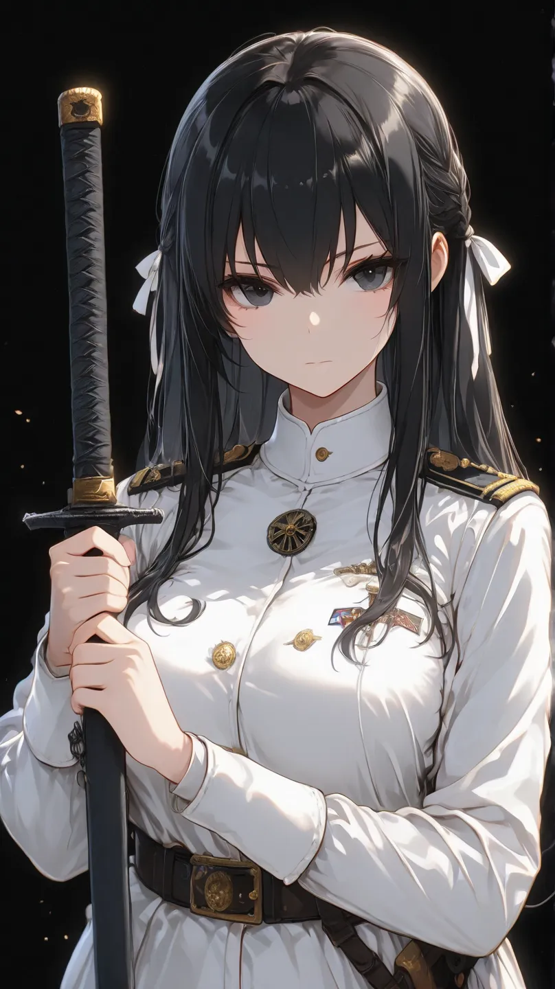  an HD scene of a female 40 year old with long black hair and a white ribbon on her hair and black eyes wearing medieval fantasy white military uniform and holding a large grey sword, black background, high detail, high quality, best quality, 8k, masterpie...