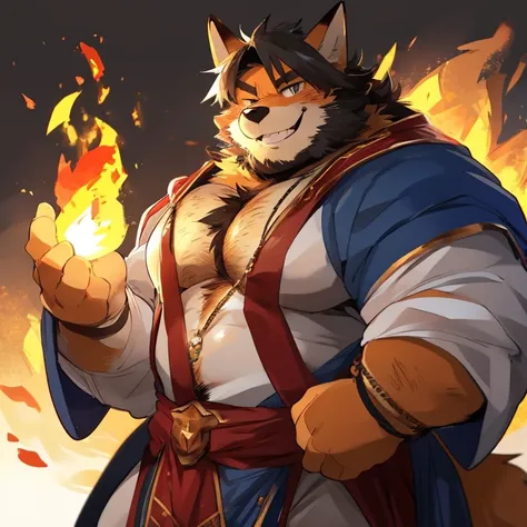 fox, furry, fire color fur, fire powers, handsome, very muscular, very big, extremely hot and sexy, beard, hair, chest hair, charming eyes, solo, male, happy expression, daddy, full body, big body, orange medieval clothes, middle aged, by hyaku, by darkgem...