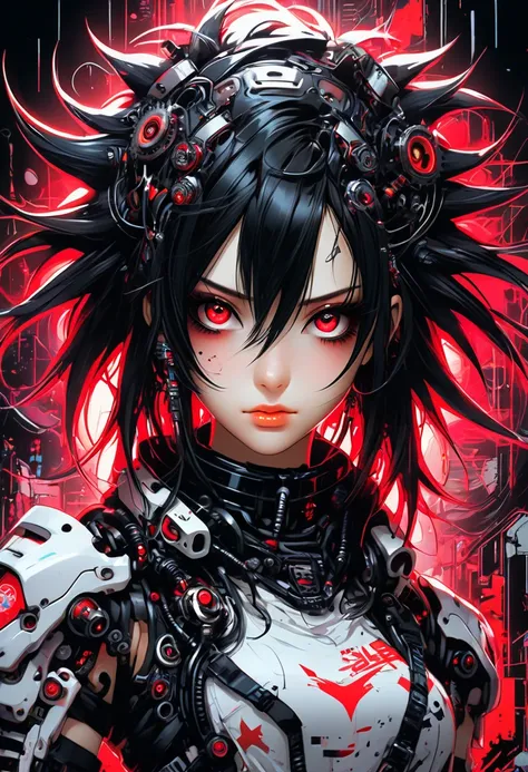 Kawaii, cyberpunk, macro style image, a beautiful cybergothic cyborg girl, with red neon LED lights on her face, mechanical parts on her body, gears, and blades, messy dry black hair, large detailed eyes, deformed face, looking at the viewer with her head ...