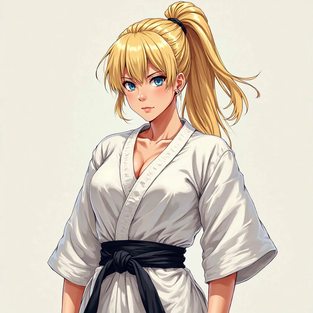 a woman in a white shirt and a black belt, a sexy blonde warrior, toga, portrait ninja gaiden girl, by Hiromu Arakawa, kunoichi, range murata and artgerm, ninja outfit, wearing toga, karate outfit, muscular ultraviolent woman, wearing a white gi, realistic...