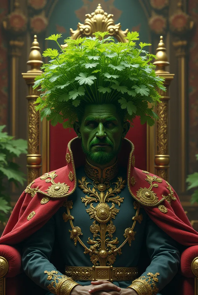  A picture of a king who has only a head of coriander without features and is sitting on his throne