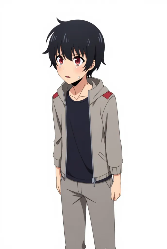 Create in Anime Version A young boy, around , with a nervous expression and sweat running down his face, Naruto Anime-Style. His black hair is slightly messy, with a few strands falling over his forehead. His large, expressive red eyes convey a mix of appr...