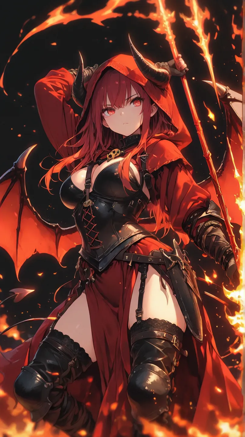 a Female demon with demon wings and horns and long red hair wearing a red robe with a hood over a medieval leather armor swinging a fire spear, black background, high detail, high quality, best quality, masterpiece, 8k