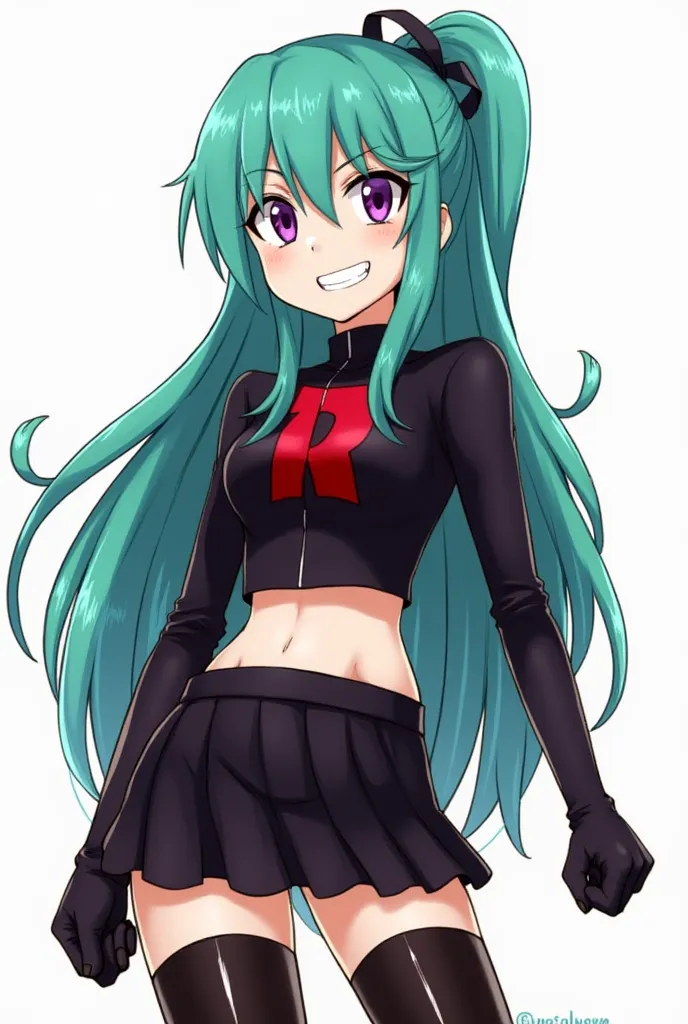 Long Teal Hair, Ponytail, hair ribbon, 1girl, solo, purple eyes, large breasts, anime coloring, team rocket, team rocket black uniform, team rocket black skirt, Red Letter R, Crop top, black thigh high boots, black long gloves, evil grin/smile