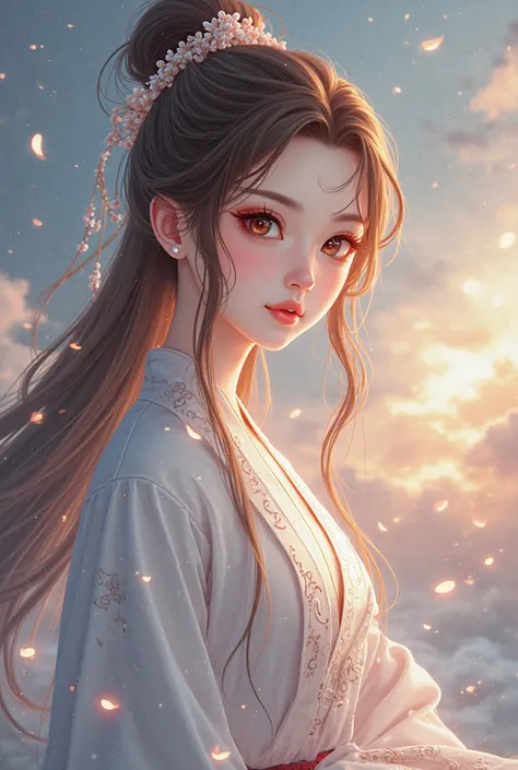 Take into account the following 

Name: Lan Yueran (¬)

(Means “...” in Chinese, evoking elegance and serenity.)

 Physical Description :

Lan Yue has a serene and ethereal beauty, with a long mane of brown tones with reddish reflections, , a rare trait in...