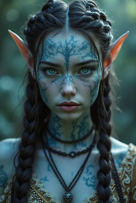 ( bluish-gray skin all over the body)A young woman with a bluish-gray skin all over the body, blue eyes, dark brown hair, small pointed ears, tribal clothing, braided hair,  , full body view, long shoot( bluish-gray skin all over the body), beautiful detai...