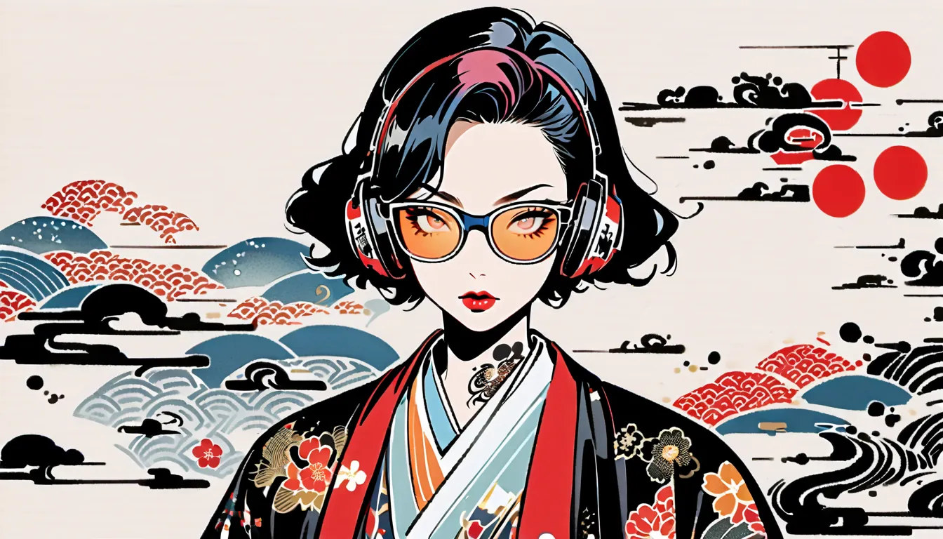 ((( ink painting))), ((( punk girl))), (((1 girl))), ((( light colored sunglasses))), ((( flashy makeup))), (((Japanese style headphones))), (((Japanese patterned haori))), (((TATOO))), Japan人の美少女,  black hair, Delicate and precise, modern ukiyo-e style,Ja...