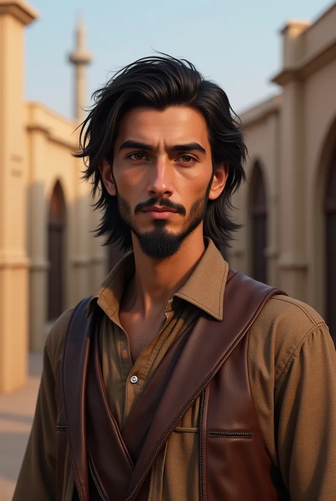 A southern Iraqi man,  25 years, long hair, a beard, weighs 80 kg,  is 180 cm tall , and he has a small mole under his right lip. His color is white and his eyes and eyebrows are crisp. 