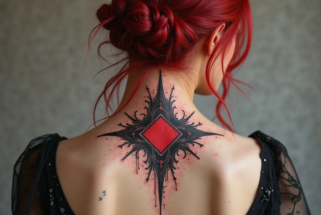 red square hair Female, back view , Tattoo design featuring a complex arrangement of sharp lines and geometric shapes, symbolizing strength and protection. The motif should evoke a balance between fragility and power, with vibrant red accents representing ...