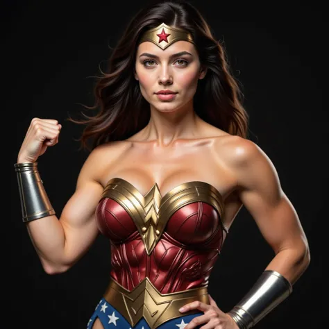 Extreme Closeup of Wonder Woman, dark-haired, topless with firm breasts, with her golden tiara with a red star and a blue bottom with white stars and a golden belt, the face of a 25 year old supermodel, with  a female fitness model physique with bulging bi...