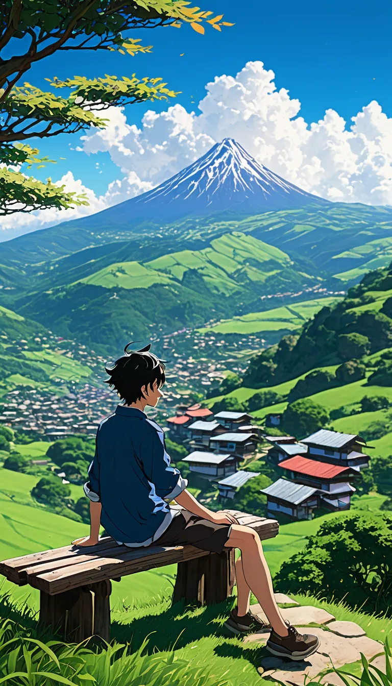 "Digital illustration in anime style!!!! Ghibli!!!! Semi-realistic of a young man sitting on an aged wooden bench, enjoying a panoramic view of a valley surrounded by majestic mountains. His disheveled black hair and dark long-sleeved shirt contrast with t...