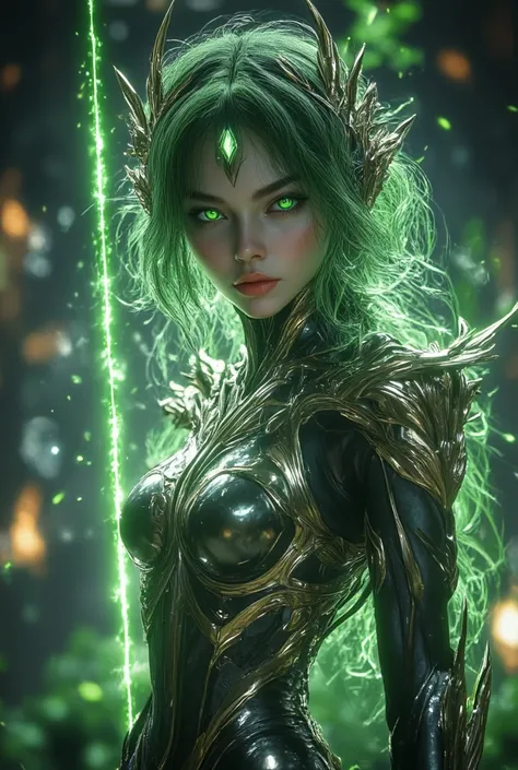   Close face shots！beautiful face like a beauty model！　Use Storm's Magic　full body shot 、   full body shot 、  I can see a beautiful face overall 、 face visible  、green hair and green eyes  ,  BEAUTIFUL ORANGE LIPS   ,     metallic cyborg humanoid    ,   go...