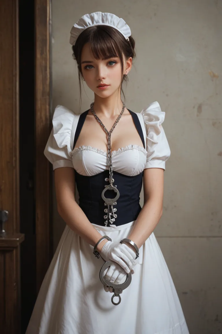 Anime Girl，maid，White Gloves，handcuffs，bondage， Locking Chain，bundle