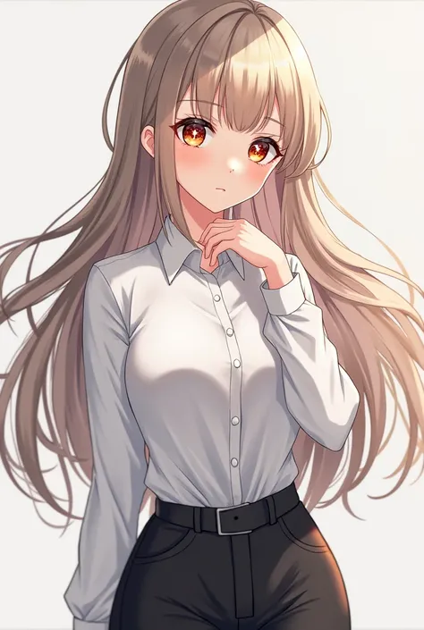 An anime girl with long light brown black hair with bangs on her side, orange and red eyes with white star-shaped pupils, a white button-down shirt with long sleeves and slightly tight black pants