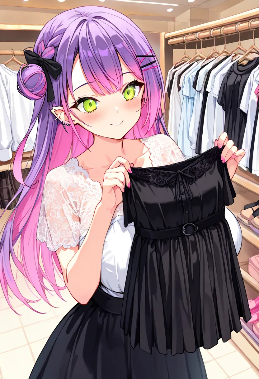 (highest quality , 8k , masterpiece , incredibly absurdres , perfect body , super detailed skin , highly detailed eyes and face , 1 woman ) , tokoyami towa , purple Hair , Green eyes , smile ,  will be happy , ( Lace blouse, tulle skirt , clothes shop , ho...