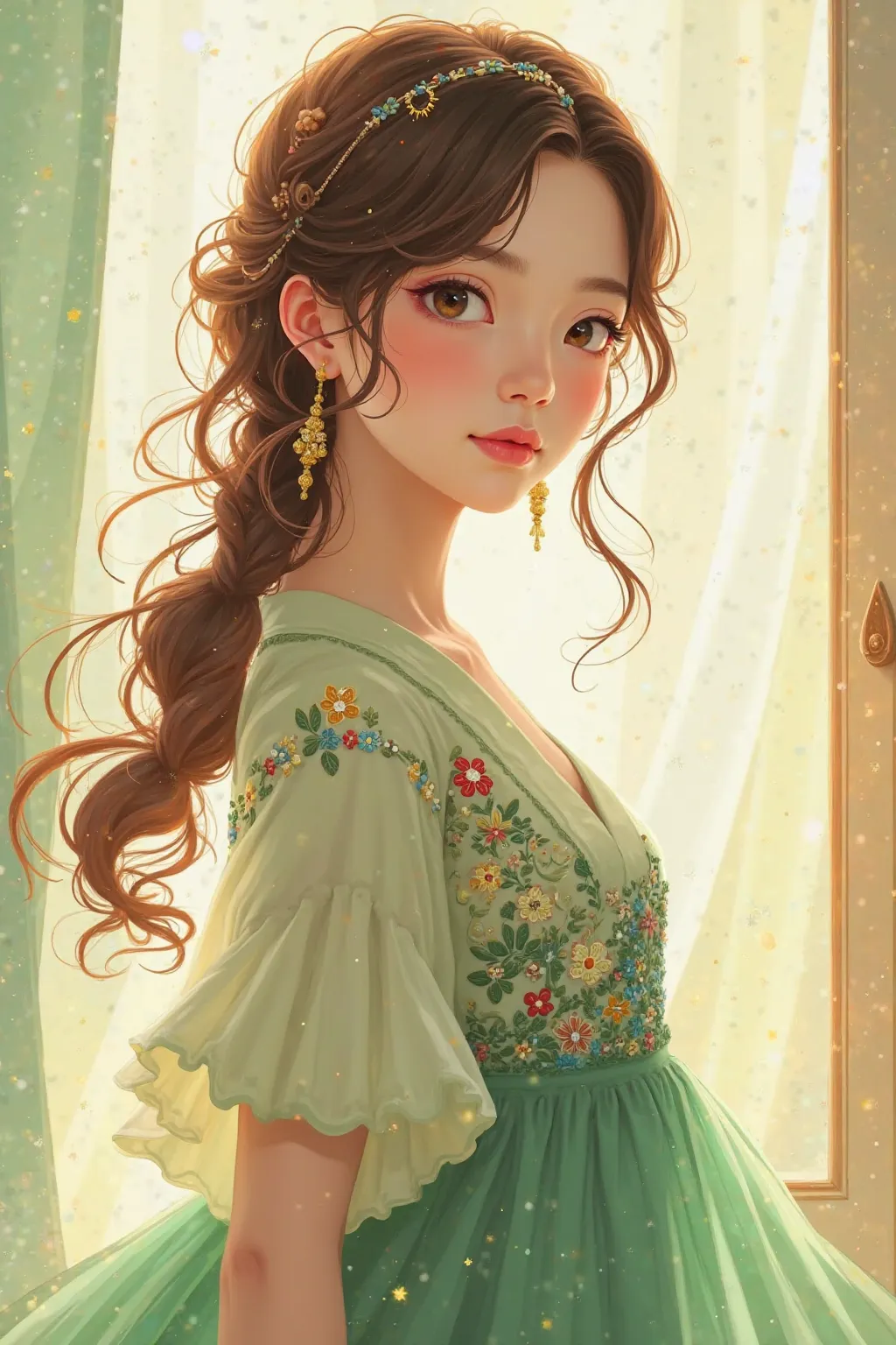 10th Generation、brown hair、   light green dress、even the hem of the dress is embroidered。Botanical pattern、colorful embroidery thread、bright lights、gift、Hairdress、Half French and half Japanese