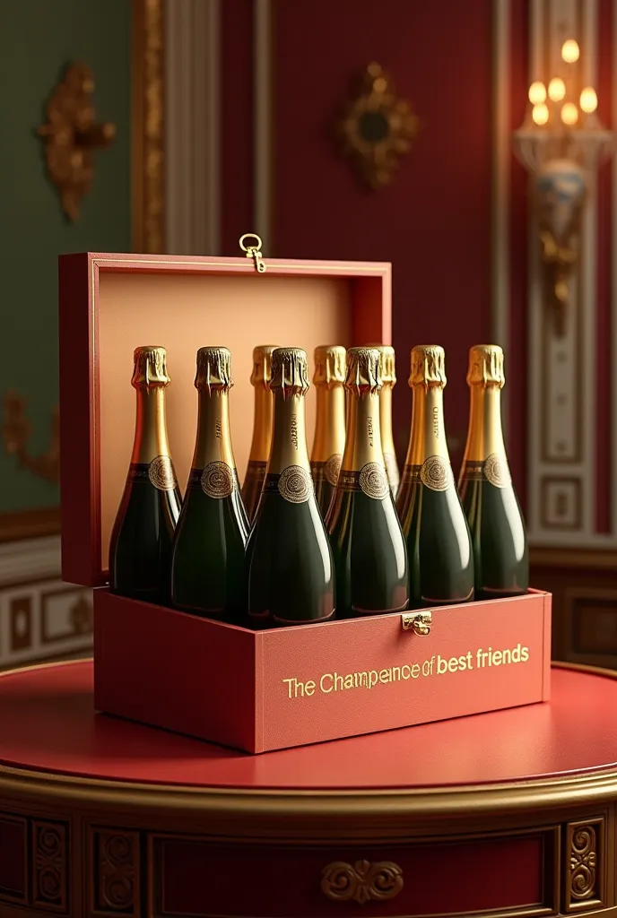 Ten bottles of champagne in a box with an open lid with an inscription "Champagne Best Friends". He's on a red wood table in a richly decorated room 